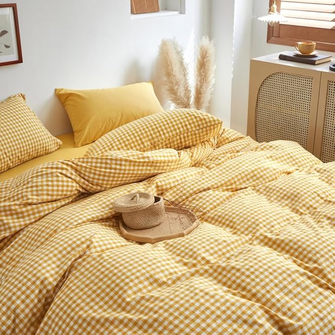 LifeTB Yellow Gingham Duvet Cover King 100% Washed Cotton Plaid Checked Duvet Cover Set Modern Soft 3 Piece Grid Bedding Set Breathable Gingham Checkered Comforter Cover with Zipper Ties