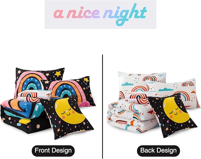 A Nice Night Lightweight Soft Cartoon Rainbow 6Pcs Queen Comforter Sets, Love Hearts Printed Bedding Set for Boys Girls(Black,Queen)
