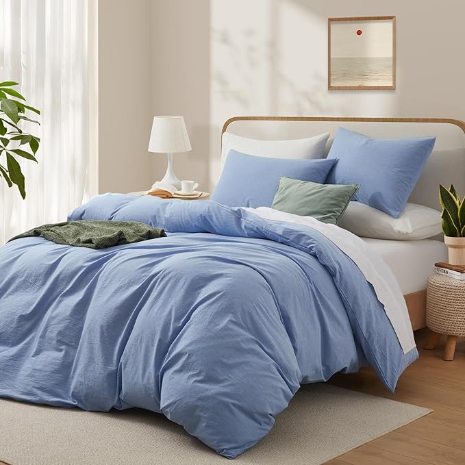 LOVQUE Light Blue Cotton Duvet Cover Queen Size, Linen Like Natural Bedding Set with Zipper Closure (No Comforter), 90x90 Inches