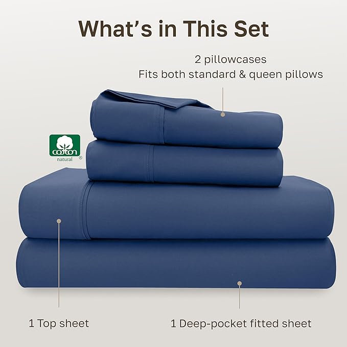 California Design Den Queen Sheet Set - 400 Thread Count Sateen, Natural 100% Cotton Bed Sheets, Deep Pockets with All Around Elastic, Soft, Durable Bedding - Navy Blue