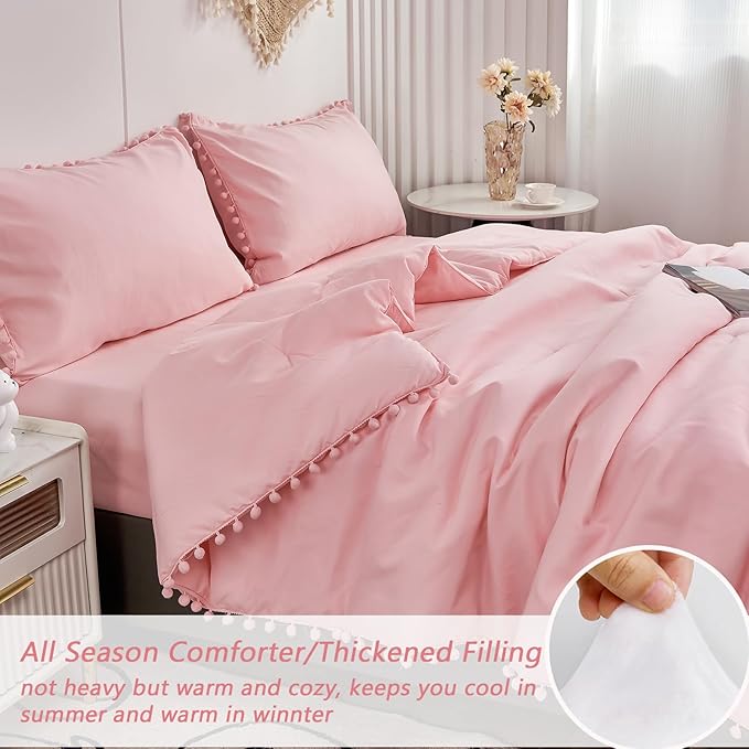 PERFEMET Girls Pink Comforter Set King Size Boho Farmhouse Pom Pom Light Pink Bed Sets Soft Washed Microfiber Lightweight Bed in a Bag for All Seasons(Pink, King)