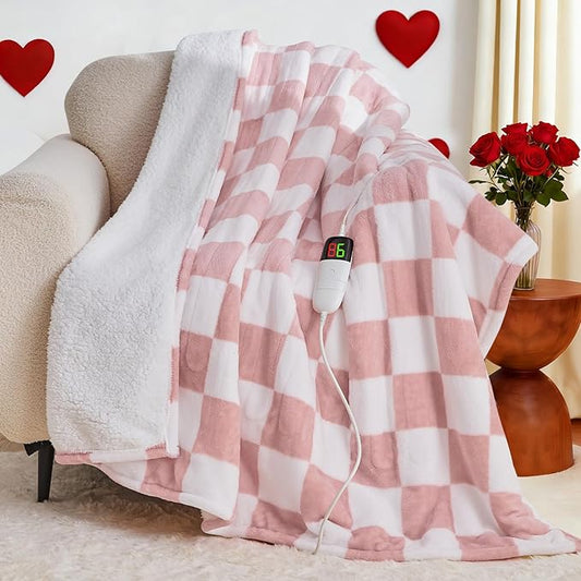 Light Pink Heated Blanket Electric Twin Size, 62X84 Heating Blanket with 10 Heat Levels & 8 Hours Auto Off, Checkered Plaid Soft Fleece Sherpa Blankets Warmer Gifts for Couch Grandma Women Adults