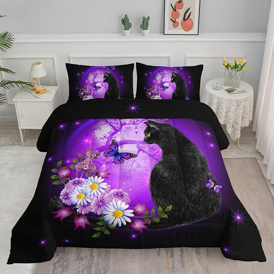 Black Cat Bedding Cartoon Cat Comforter Set Queen,Daisy Butterflies Printed Kids Bedding Set for Kids Boys Girls Adults Room Decor,Kids Comforter Set All Season,1 Quilt 2 Pillow Cases