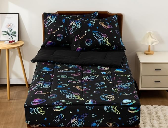 Meeting Story 3pcs Kids Comforter Set Zipper Bedding Set for Boys,Twin Kid Comforter Set Space Bedding Set for Kid,All in one Zipper Bedding（Blackgreen,Twin）
