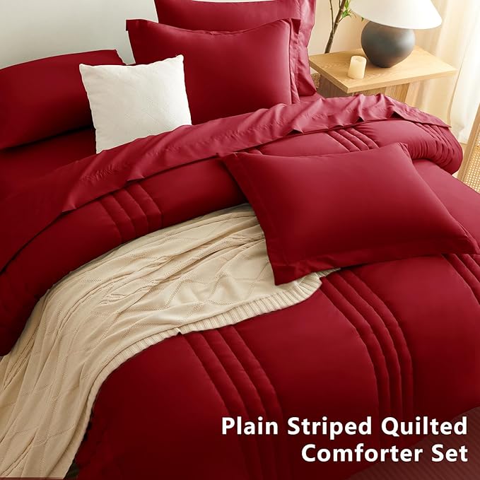 CozyLux King Comforter Set - 7 Pieces Bed in a Bag Dark Red Comforter Set with Sheets Luxury Bed Set All Seasons, Soft Bedding Set with Down Alternative Comforter, Sheets, Pillowcases & Shams