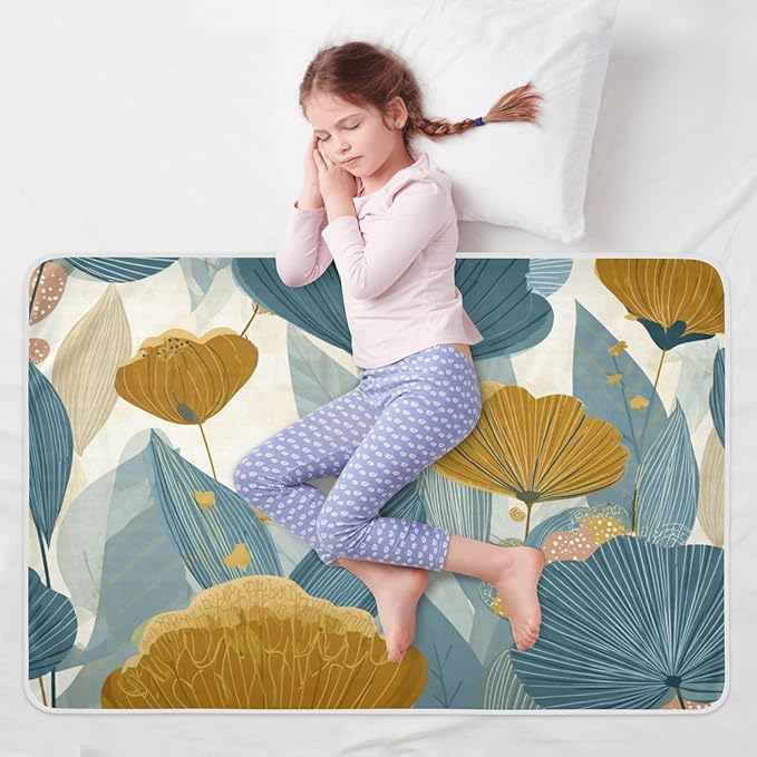 Waterproof Bed Pad Reusable Changing Pad Toddler Mattress Protector Large Pee Pad Baby Diaper Pad Soft Washable Liner Retro Blue Boho Flower