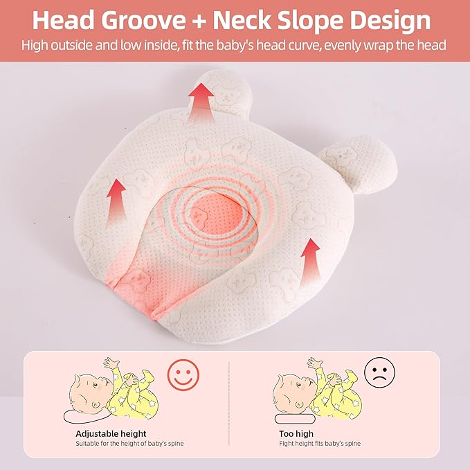 Portable Baby Pillow, Adjustable Cute Cartoon Bear Soft and Cozy Pillow, Ergonomic Design Soft Hypoallergenic Pillows for Newborn Babies Sleeping Prevent Flat Head