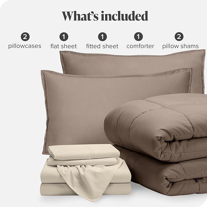 Bare Home Bed-in-A-Bag 7 Piece Comforter & Sheet Set - Full XL - Goose Down Alternative - Ultra-Soft 1800 Premium Bed Set (Full XL, Taupe/Sand)