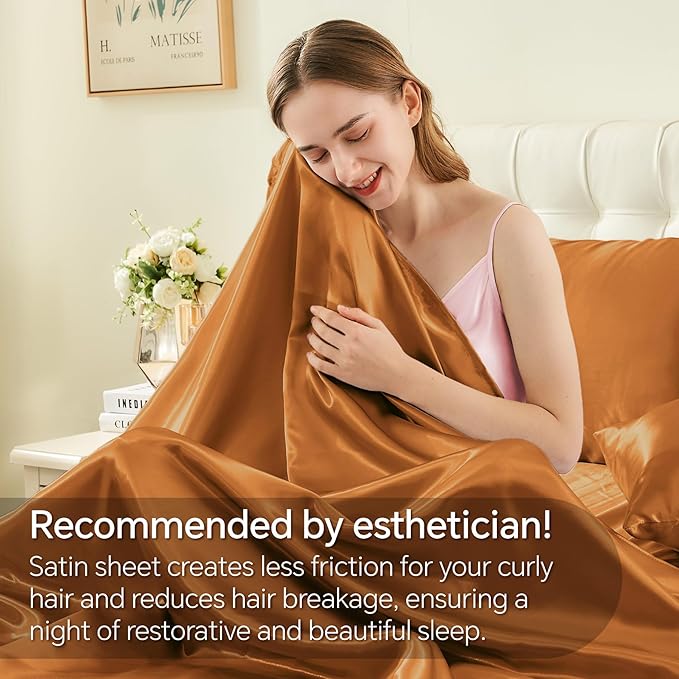 BEDELITE Satin Sheets Twin XL Size Bed Set, Luxury Soft Burnt Orange Silky Sheets for Hair and Skin, Similar to Silk Bed Sheets Set 3 Pieces with 1 Deep Pocket Fitted Sheet, 1 Flat Sheet, 1 Pillowcase
