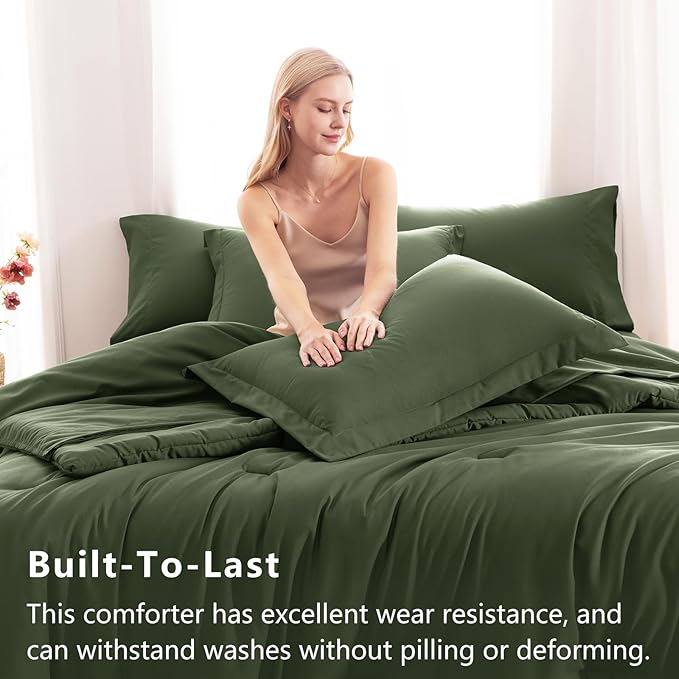 CozyLux Queen Comforter Set Olive Green, 7 Pieces Bed in a Bag Queen Comforter Set with Sheets, Bedding Sets with Down Alternative Comforter, Fitted Sheets, Flat Sheets, Pillow Shams and Pillowcases