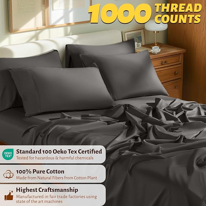 Shilucheng 100% Egyptian Cotton King Size Sheets Set - 1000 Thread Count，Luxury Cotton Bed Sheets，Breathable & Cooling Bedding and Pillow Cases, 16 Inch Deep Pocket - 6 Piece (Dark Grey, King)