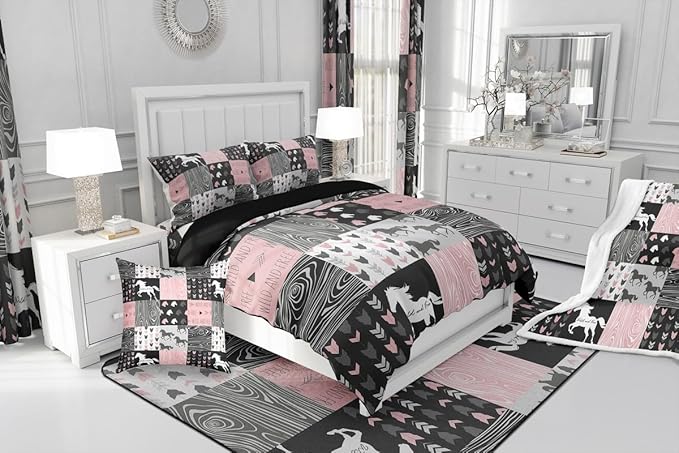 Girls Unicorn Comforter Queen Girly White Horse Bedding Western Cowboy Cowgirls Quilt Patchwork Buffalo Plaid Duvet Insert Arrow Stripes Wild Animal Soft Down Comforter 3Pcs Bedroom Decor,Pink Black
