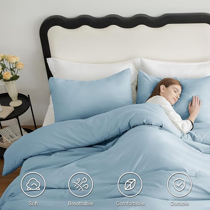 CozyLux Full Size Comforter Set Light Blue, 3 Pieces Solid Breathable Quilted Style Bedding Sets, Luxury Soft Bed Set with Down Alternative Comforter for All Season (1 Comforter & 2 Pillowcases)