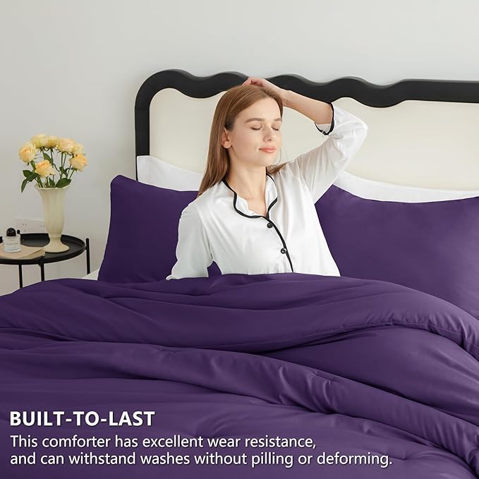CozyLux Queen Comforter Set Purple, 3 Pieces Solid Queen Comforter Breathable Quilted Style Bedding Sets, Luxury Soft Bed Set with Down Alternative Comforter All Season (1 Comforter & 2 Pillowcases)
