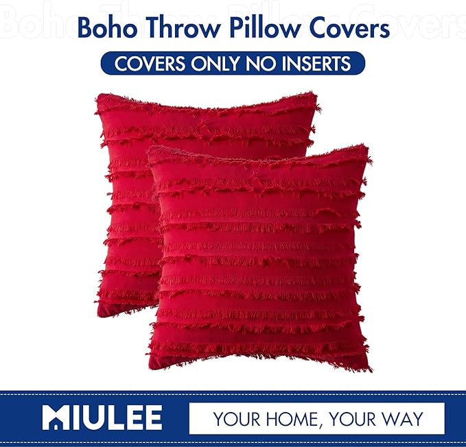 MIULEE Set of 2 Decorative Boho Throw Pillow Covers Linen Striped Jacquard Pattern Cushion Covers for Sofa Couch Living Room Bedroom 18x18 Inch Red