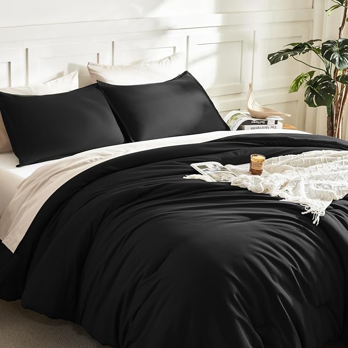 Litanika Black Comforter Full Size, 3 Pieces Boho Lightweight Solid Bedding Comforter Set, All Season Fluffy Bed Set (79x90In Comforter & 2 Pillowcases)