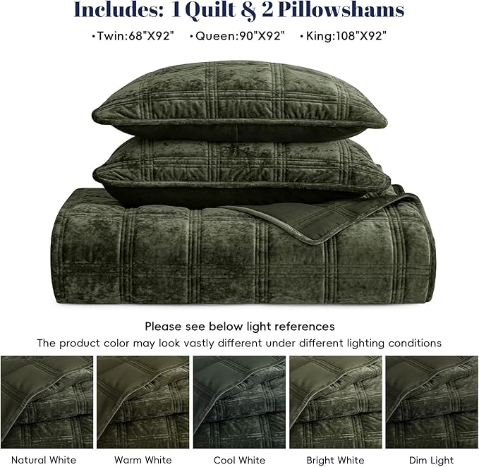 PHF Ultra Soft Velvet Quilt Set King Size – 3PCS Luxurious Cozy Quilted Comforter Alternative with Diamond Pattern, Warm Quilted Bedspread Coverlet, 108" x 92", Smokey Olive