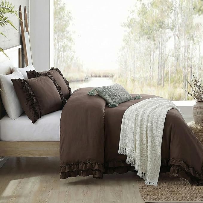 Dark Brown Duvet Cover Set Elegant Ruffled Bedding Twin Shabby Chic Lace Ruffle Boho Bedroom Decor Vintage Boho Style Chocolate Duvet Cover with Pillowcases