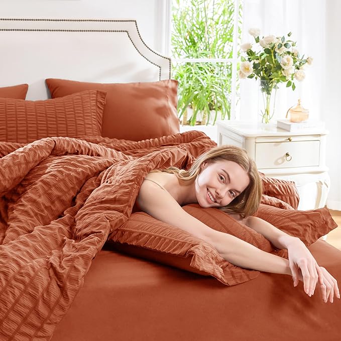 CozyLux King Size Comforter Set Burnt Orange Seersucker 7 Pieces Bed in a Bag King Comforter Set with Sheets Terracotta Luxury Bedding Set with Down Alternative Comforter, Sheets, Pillowcases & Shams