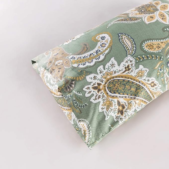 YuHeGuoJi Green Paisley Duvet Cover Queen 100% Cotton 3 Pcs Set 1 Vintage Bohemian Floral Duvet Cover with Zipper Ties 2 Pillowcases Sage Green Boho Damask Bedding Set Soft