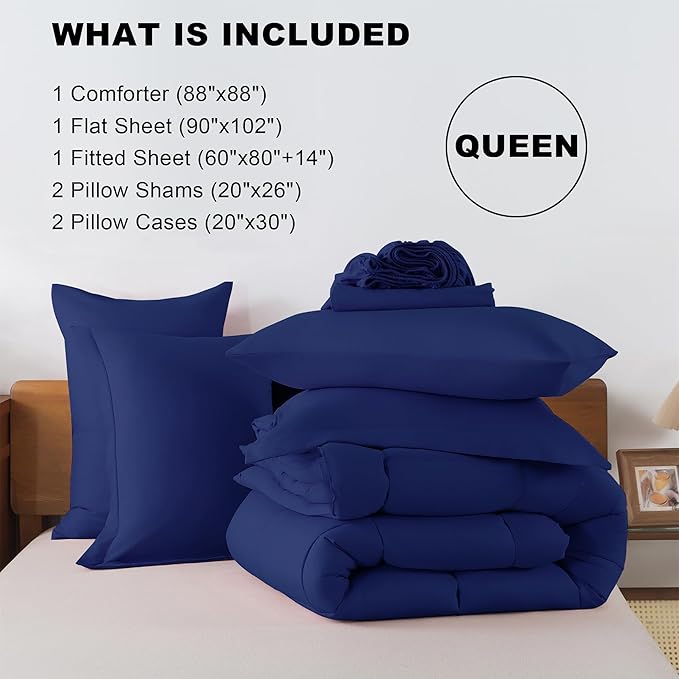 ELNIDO QUEEN® Queen Comforter Set Navy - 7 Pieces Bed in a Bag Queen Size, Bed Set All Seasons, Ultra Soft Dark Blue Bedding Sets with Comforter, Flat Sheet, Fitted Sheet, Pillowcases and Pillow Shams