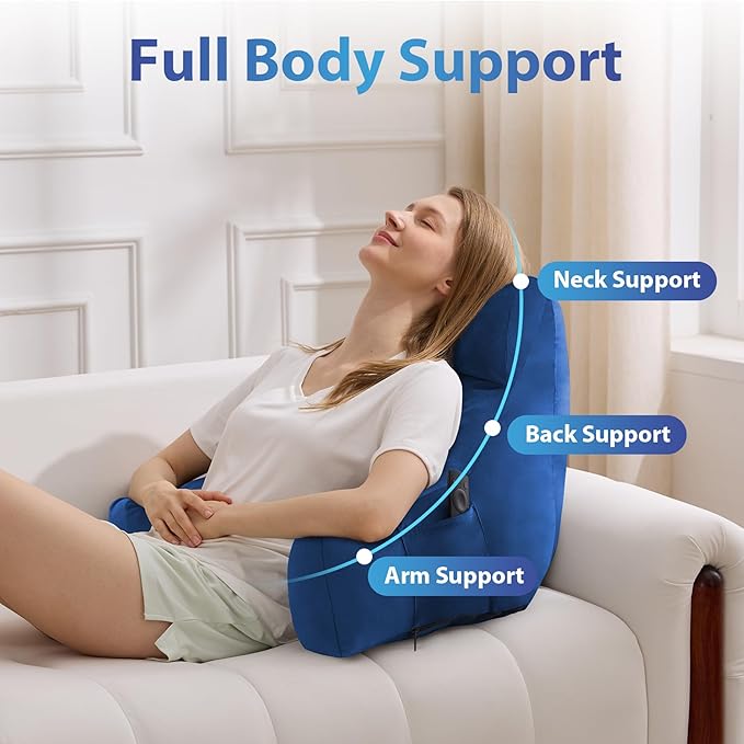 Back Pillow for Bed Sitting up, Reading Pillow for Sitting in Bed Adult, Back Support Pillow, Memory Foam Sit up Lounge Backrest Pillow with Arms for TV, Couch, Chair, Dorm, 18 Inch, Navy Blue
