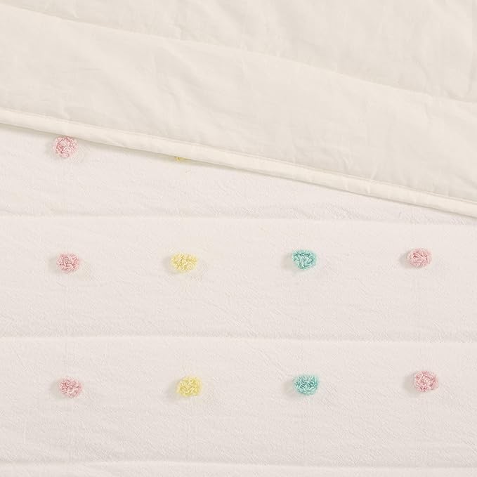 Intelligent Design Kids Quilt Set Cotton Jacquard Weave Colorful Poms Accent All Season Shabby Chic Bedding Coverlet Bedspred, Girls Bedroom Décor, Full Queen, Ivory 5 Piece