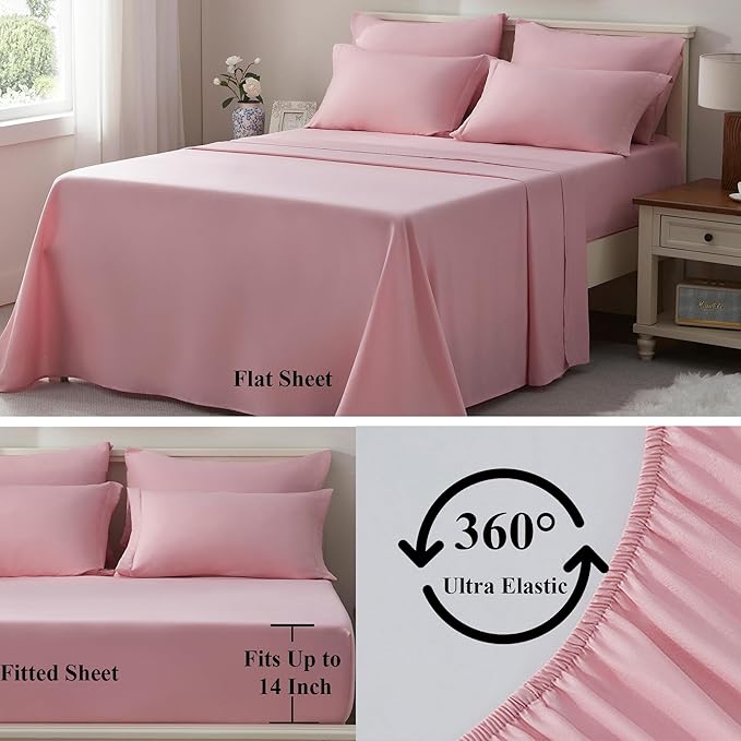 ELNIDO QUEEN® Full Size Comforter Set - 7 Pieces Bed in a Bag Full, Bed Set for All Seasons, Ultra Soft Blush Pink Bedding Sets with Comforter, Flat Sheet, Fitted Sheet, Pillowcases and Pillow Shams