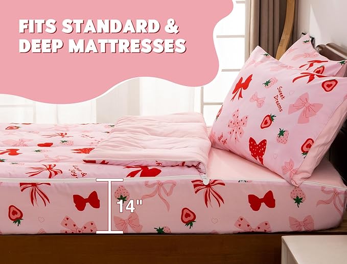 Meeting Story 3pcs Kids Comforter Set Zipper Bedding Set for Girls,Twin Kid Bedding Set Strawberries Bow Tie Comforter Set for Kid,All in one Zipper Bedding（Red,Twin）