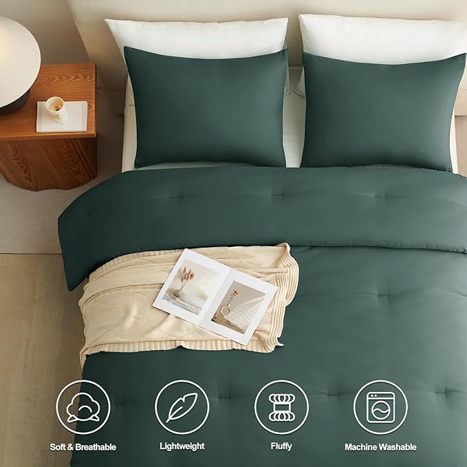 CozyLux Full Size Comforter Set Forest Green, 3 Pieces Solid Breathable Quilted Style Bedding Sets, Luxury Soft Bed Set with Down Alternative Comforter for All Season (1 Comforter & 2 Pillowcases)