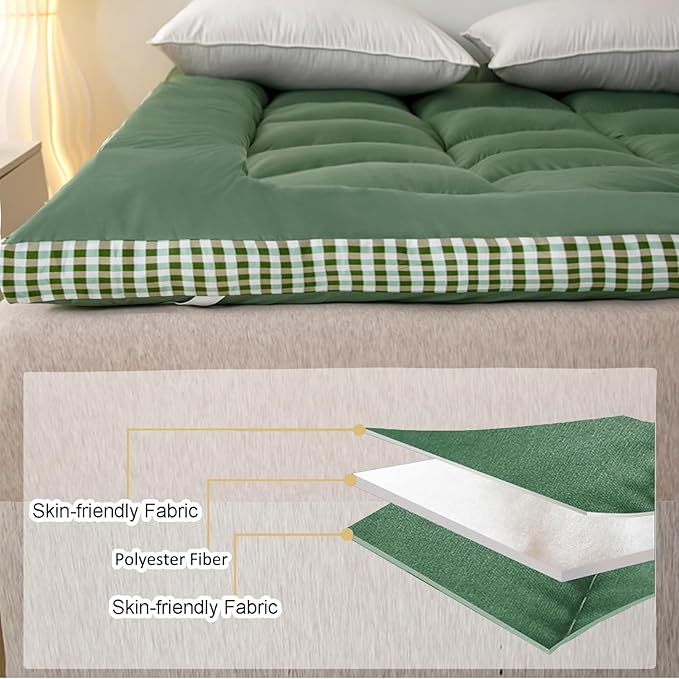 Thick Mattress Topper King Size - Non-Slip Mattress Pad Cover for Back Pain Breathable Folding Sleeping Pad Machine Washable Mattress Protector (78x80 inch,Green)