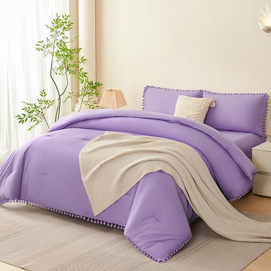 PERFEMET 5 Pieces Queen Bed in a Bag Light Purple Pom Pom Comforter Sets Cozy Fluffy Boho Bedding Set for Girls Soft Microfiber Solid Bedding Comforter Set with Sheets(Light Purple, Queen)