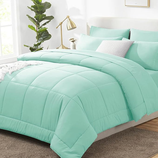 CozyLux Full Size Comforter Sets Mint Green, 7 Pieces Bed in a Bag, Green Comforter Full Size, All Season Bedding Sets with Stitch Quilted Comforter, Flat Sheet, Fitted Sheet, Pillowcases
