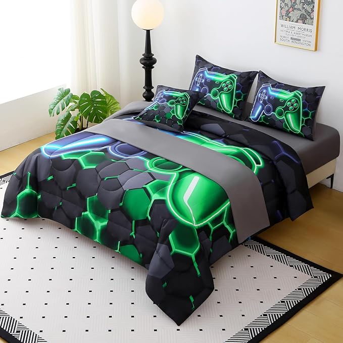 JQinHome Queen Gaming Bedding Set 6-Piece Comforter for Kids Teens - 3D Video Game Console Print Bed in a Bag with Ultra-Soft Fluffy Sheets, Blue-Green Unisex Design (Queen)