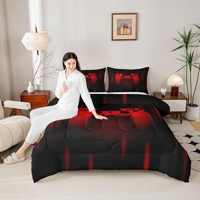 Feelyou Boys Gamer Comforter Set - Toddler Size Gaming Bedding Set for Kids & Teens - Super Soft Red & Black Bed Set with Geometric Duvet & Quilted Gamer Gift