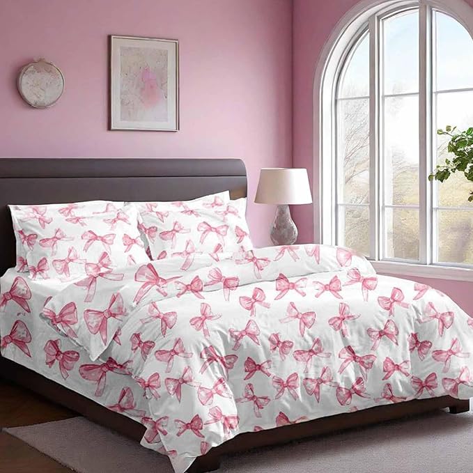 Nanko Pink and White Duvet Cover Set Full Size, Elegant Bow Print Pattern, Soft Microfiber Comforter Bedding Cover with Zip Ties - Modern Luxury Bed Romantic Bedroom Decor for Women Teen, 3Pcs 80 x90