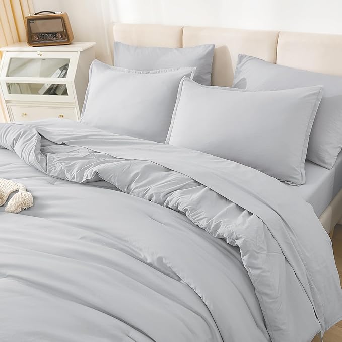 Litanika Super King Comforter Sets Light Grey - 7 Pieces Bed in a Bag Oversized King Bedding Comforter Sets, Solid Lightweight Bed Set with Comforter, Sheets, Pillowcases & Shams