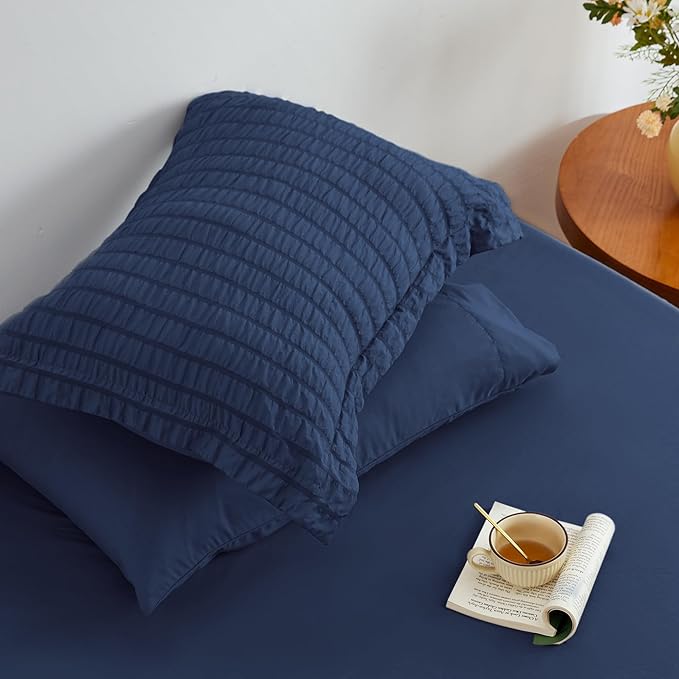 Love's cabin Seersucker Dark Blue Queen Comforter Set, 7-Piece All Season Lightweight Bed in a Bag Bedding Set with Comforter, Flat Sheet, Fitted Sheet, Pillowcases and Shams | Soft, Breathable, Lightweight