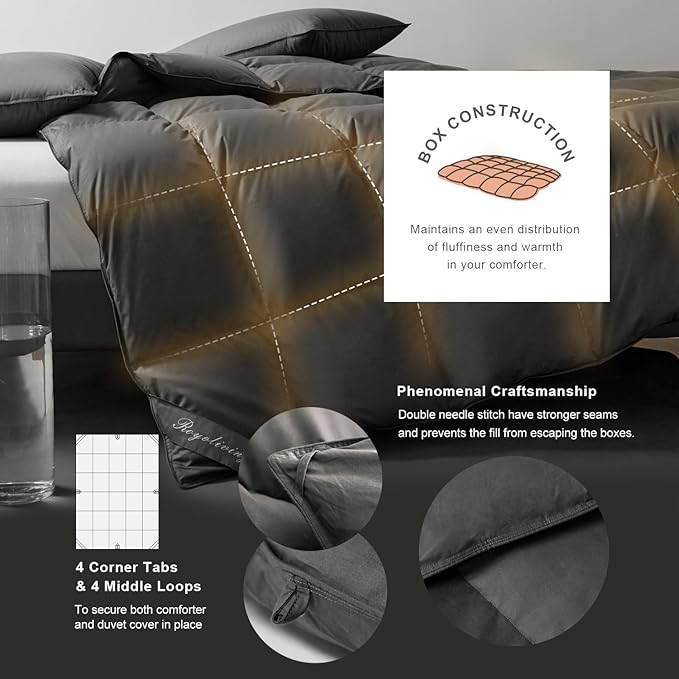Royoliving Premium Feathers Down Duvet Insert Comforter King Size Charcoal Gray Heavyweight Thickened Winter Grey 100% Cotton Cover with Corner Tabs (106x90, 70 oz)