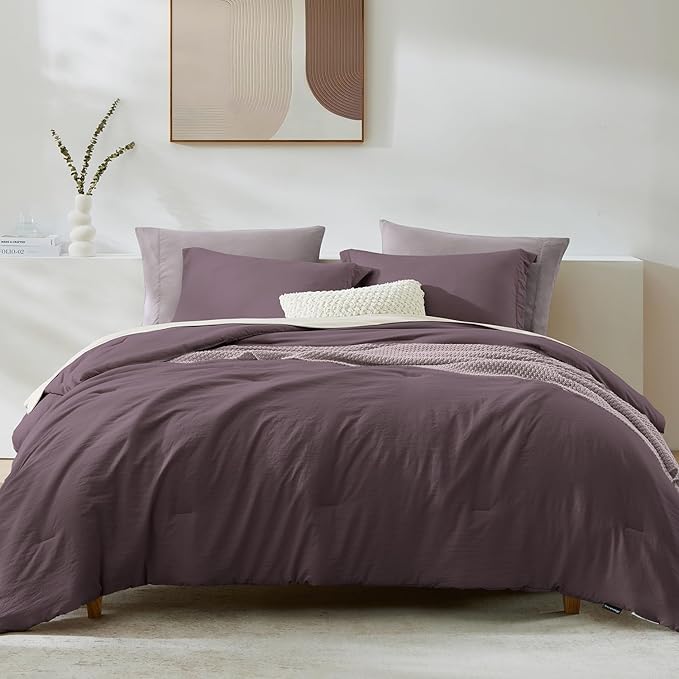 WRENSONGE Twin Comforter Set- 5 Pieces Artic Plum Twin Bed in a Bag, All Season Twin XL Bedding Sets with 1 Fitted Sheet, 1 Flat Sheet, 1 Pillow Sham and 1 Pillowcase