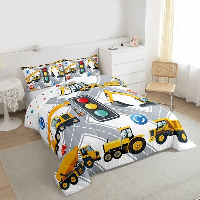 Feelyou Cartoon Construction Excavator Bedding Set for Kids Boys Vehicles Truck Car Comforter Decor Machinery Bulldozer Crane Comforter Set Nursery Duvet Set King Size Bedspreads Coverlet Sets Boys