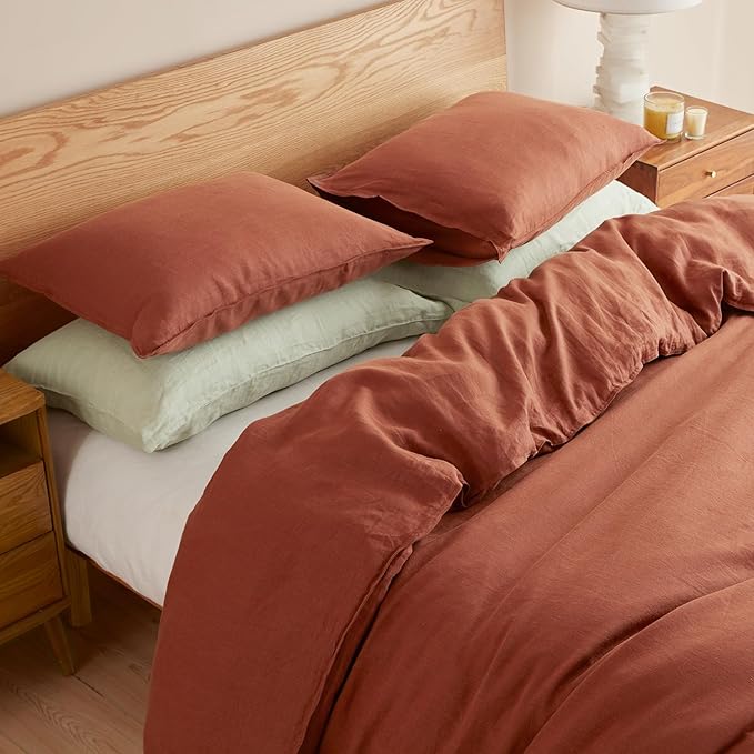 DAPU 100% Linen Duvet Cover Set - Pure Natural French Flax Linen with Corner Ties and Zipper Closure Soft Breathable Durable for Hot Sleepers 1 Duvet Cover 2 Pillowcases (Rust Red, King)