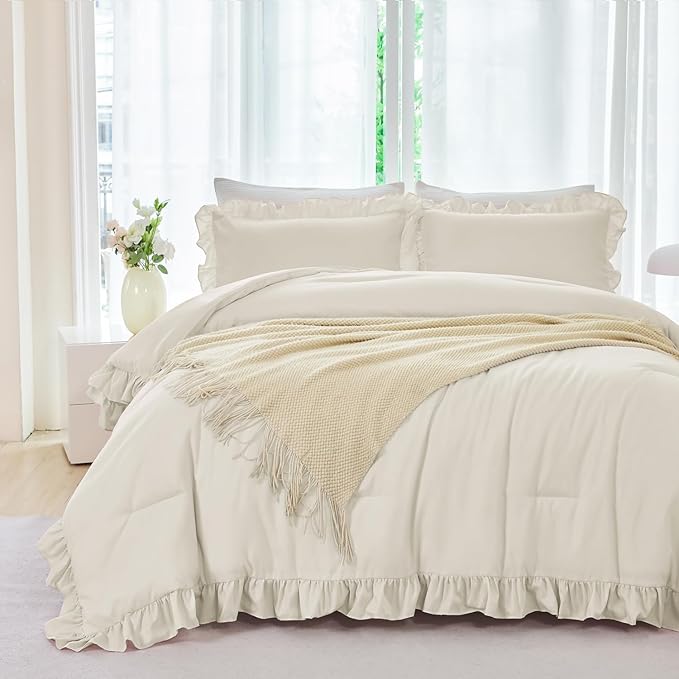 ANGIYUIN 5 Pieces Camel Twin Size Comforter Set for Kids Girls Ruffled Bedding Set Boho Farmhouse Bed Sets Shabby Fluffy Elegance Bed in A Bag with Sheets(Camel Twin)