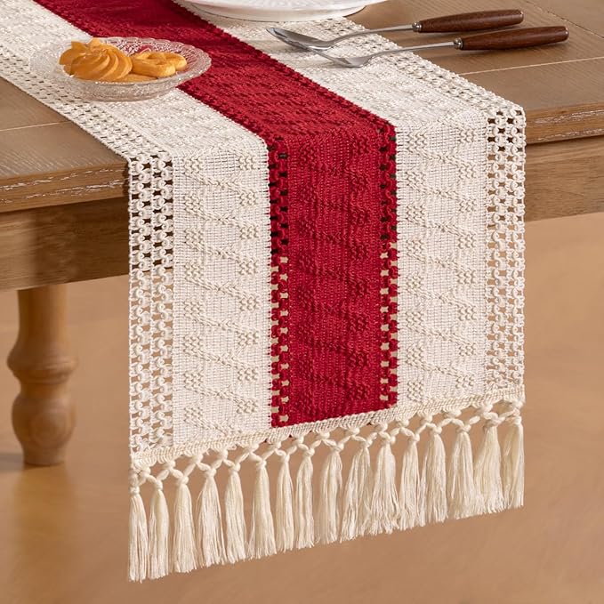 Socomi Boho Table Runner Valentine's Day Farmhouse Rustic Dining Kitchen Centerpiece Decor Small Macrame Woven Cotton Linen Coffee Table Runner for Dresser Scarf Home Decor 12x48 in Red Ivory