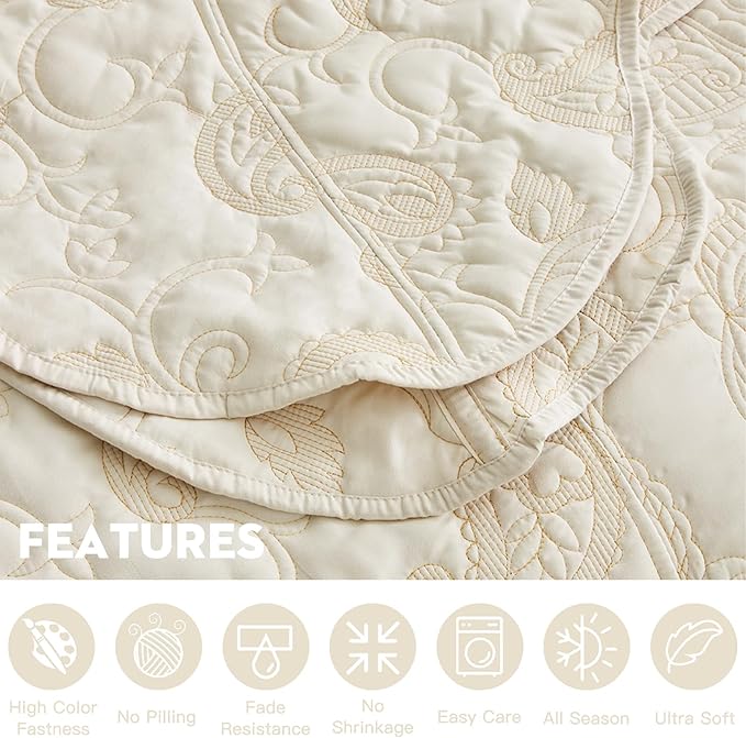 HZ & HY Oversized King Bedspread, Quilted Coverlet Bedding Set, Lightweight Thin Comforter, Reversible, Luxurious, 5 Piece, 100% Microfiber, Ivory Yellow