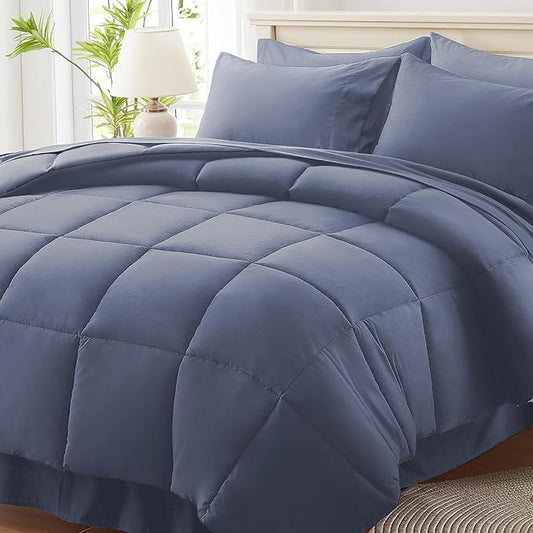 Anluoer Full Comforter Set 7 Piece, Grayish Blue Bed in a Bag with Sheets, Comforters Full Size Bedding Sets with 1 Comforter, 2 Pillow Shams, 2 Pillowcases, 1 Flat Sheet,1 Fitted Sheet