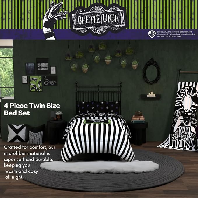Franco Collectibles Beetlejuice Halloween Striped Bedding 4 Piece Super Soft Comforter and Sheet Set, Twin, (Officially Licensed Product)