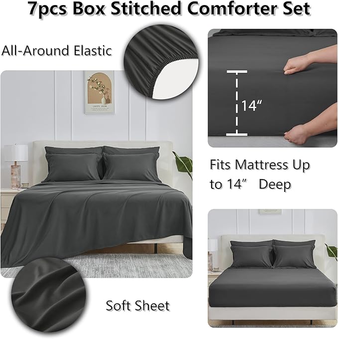 CozyLux King Size Comforter Set Dark Grey - 7 Pieces Bed in a Bag King, Okeo-Tex Certifited Bedding Set, All Season Soft Bed Set with Down Alternative Comforter, Sheets, Pillowcases & Pillow Shams