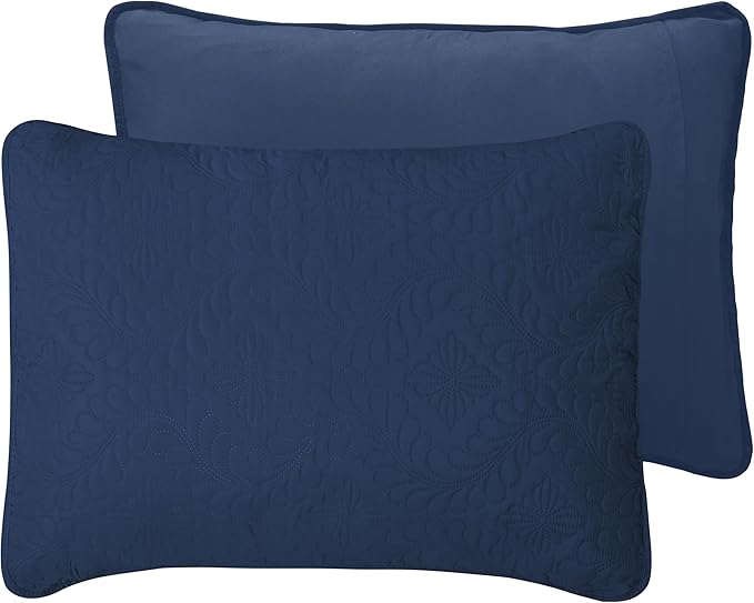 Easy-Going King Size Reversible Quilt Set with 1 Quilt and 2 Pillow Shams, Soft Bed Quilt Cover, Water Resistant Lightweight Microfiber Bedspread, Stain Resistant, Olive Leaf-Dark Blue/Light Blue