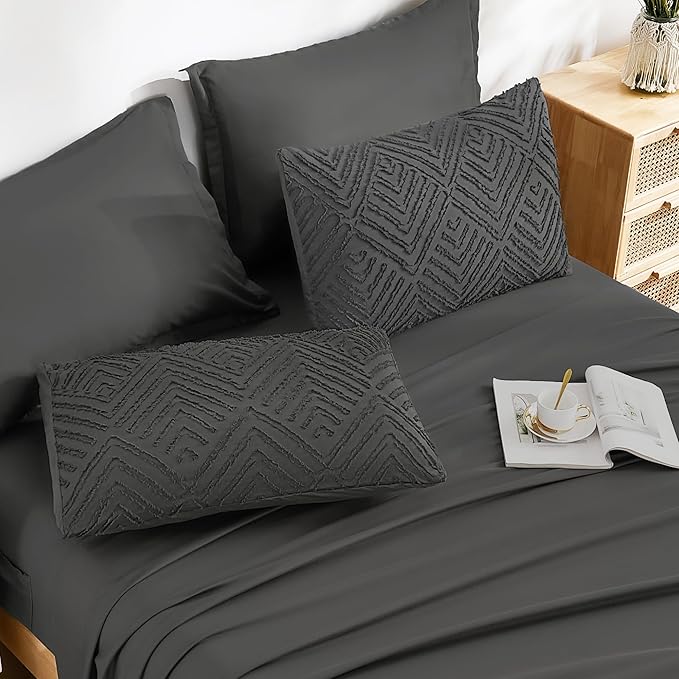 Andency Oversized Queen Comforter Set 7 Piece Dark Grey - Bed in a Bag Oversized Queen Boho Lightweight Fluffy Tufted Bedding Sets with Comforter, Sheets, Pillowcases & Shams